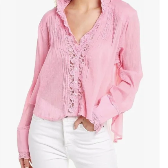 Free People Clemence Botton Down Blouse in Pink sz large NWOT - Picture 2 of 9